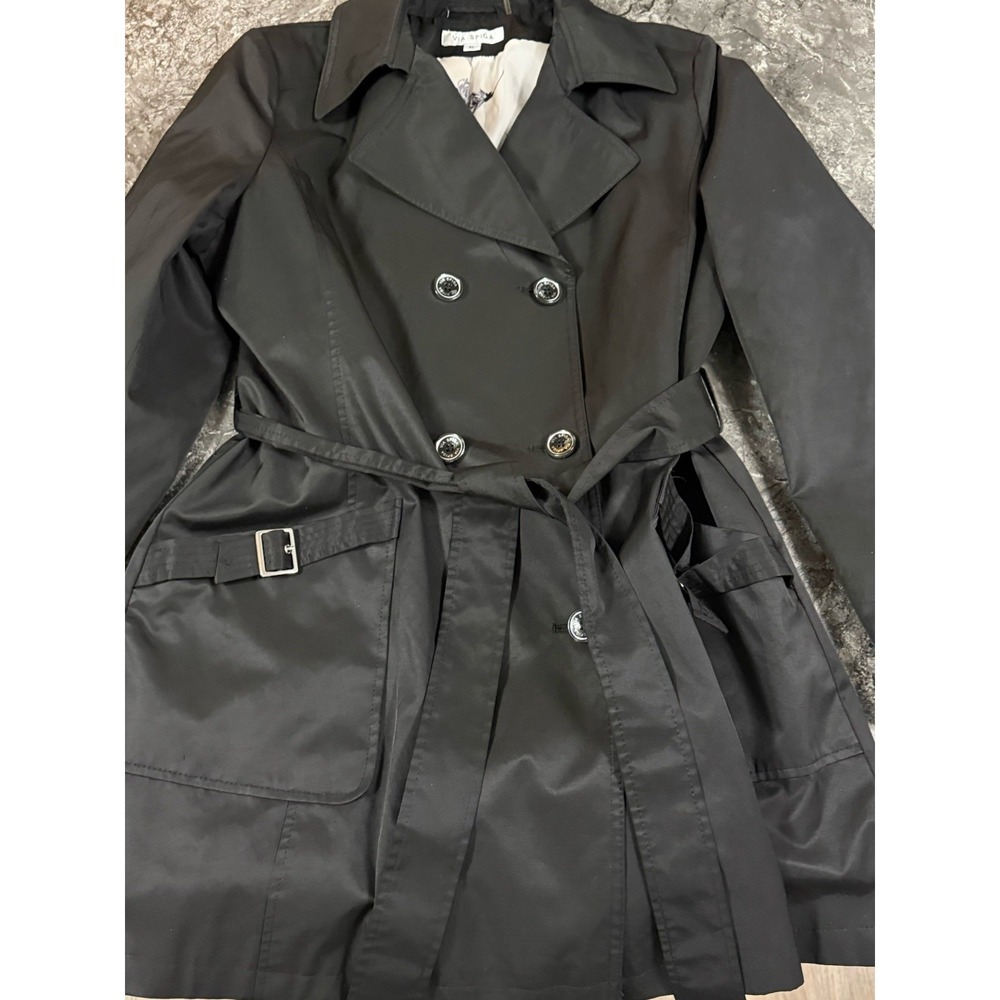 Via Spiga Womens‎ Double Breasted Belted Trench Coat Lined Pockets Black Sz XL - Picture 6 of 15